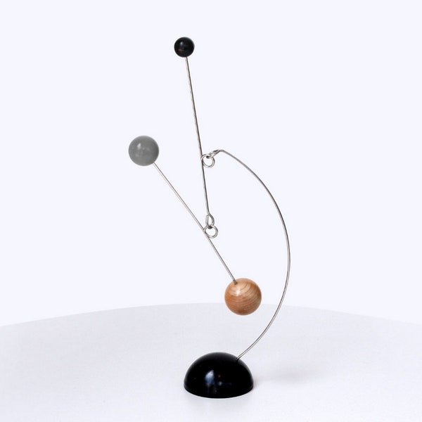 Wood and Steel Tabletop Hanging Mobile, Stabile, Mid-Century Modern Art gray black with heavy steel base