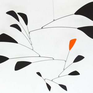 Ganymede Mobile, hanging mobile sculpture large black and orange mid-century modern art