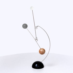 Wood and Steel Tabletop Hanging Mobile, Stabile, Mid-Century Modern Art gray black white with heavy steel base. Metal mobile