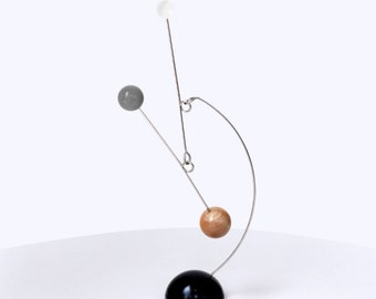 Wood and Steel Tabletop Hanging Mobile, Stabile, Mid-Century Modern Art gray black white with heavy steel base