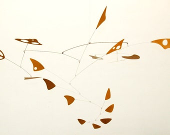 Archaeopteryx Mobile, Mid-century modern, large-sized metal hanging art, powder coated steel and aluminum mobile in copper color