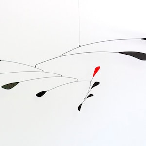 Wide hanging mobile sculpture, 5ft by 2 ft, black and red, mid-century modern hanging mobile art