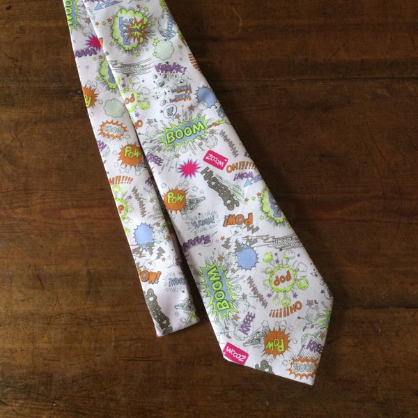 Custom hand made tie with Trefle, Boom/Pow/Zoom Design Kokka Japanese Pink Cartoon Fabric .