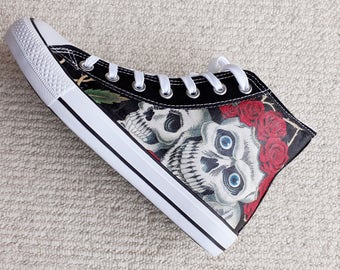 Hand Customised/Custom Rose Skull Tattoo theme Halloween trainers shoes high top sneaker