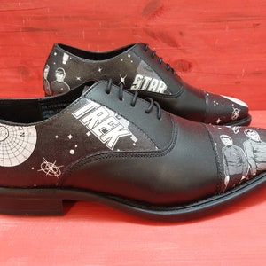 Hand Customised/Custom Mens Wedding Prom Shoes Hand Customised with Star Trek Character Fabric.