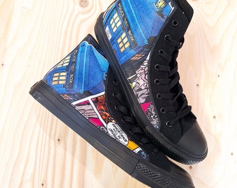 Hand Customised Doctor Who Themed High Top Sneakers, Tardis & Daleks Theme