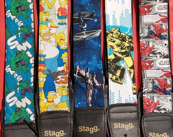 Custom Star Wars Rebel Ship theme Stagg Guitar Strap, Super Mario theme guitar strap, Spiderman theme guitar strap, Simpsons and Hulk theme