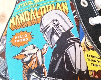 Hand Customised/Custom Star Wars Mandalorian theme, Baby Yoda Grogu theme trainers shoes high top sneaker