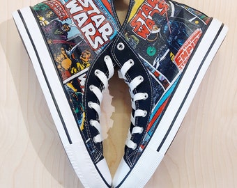 Scarpe personalizzate a tema Star Wars Comic Strip, scarpe da ginnastica alte, Darth Vader, Han Solo, Obi Wan
