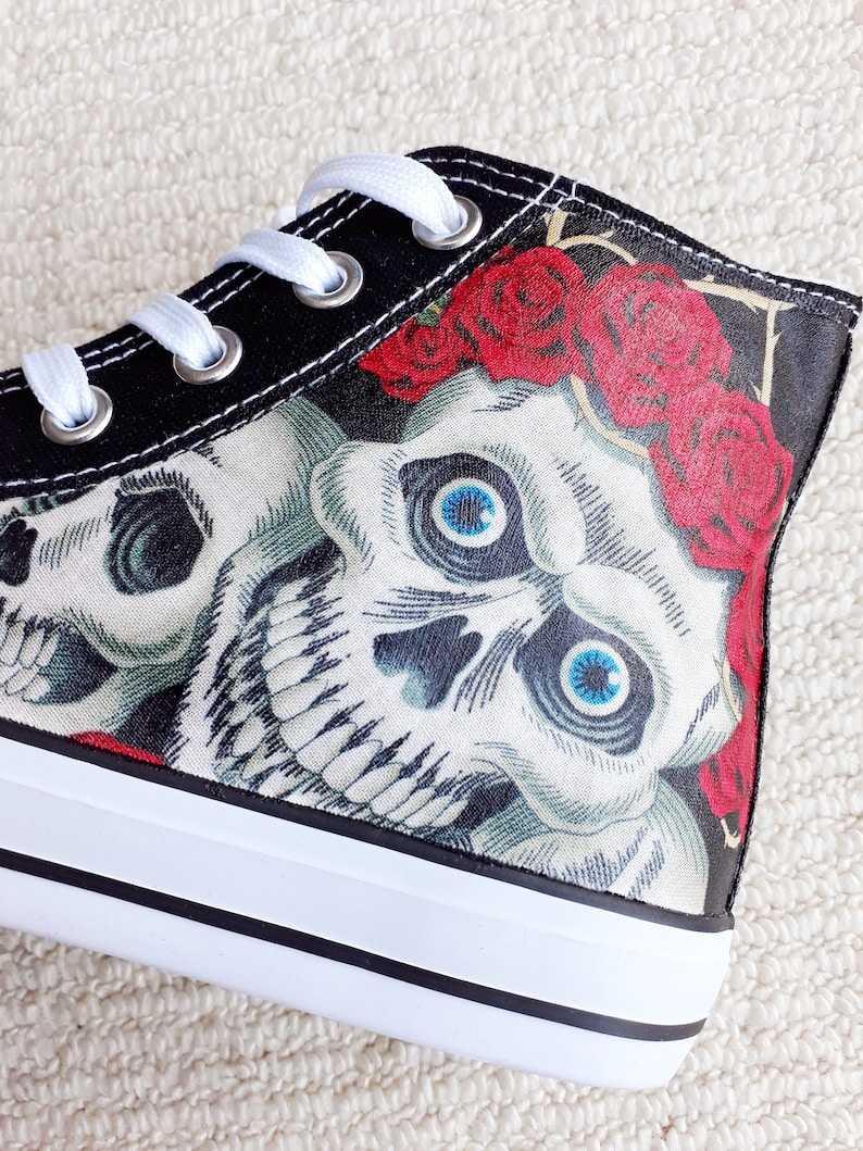 Hand Customised with Rose Skull Tattoo Fabric Red and Black Kids to Adults Halloween, Canvas Shoes Trainers
