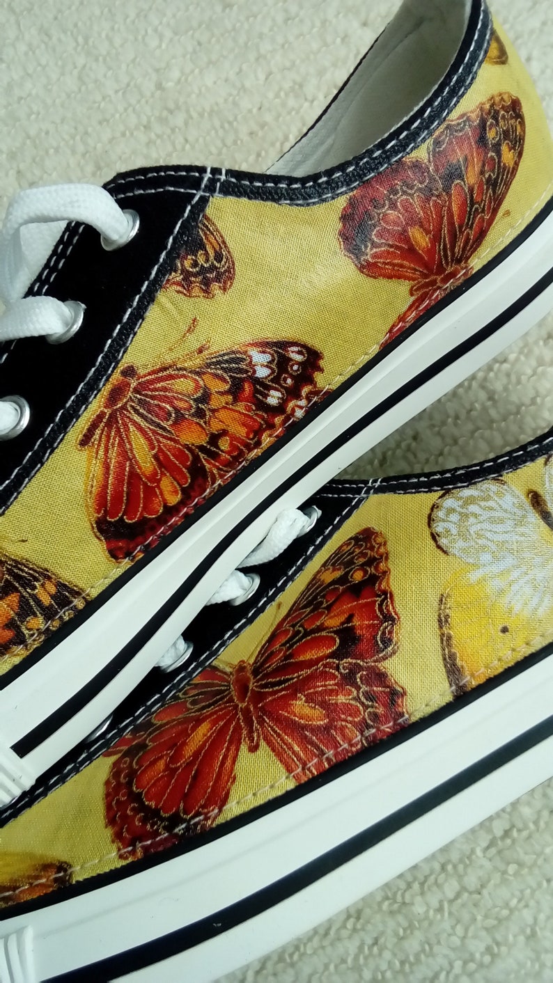 Canvas Shoes Trainers Kids to Adults Hand Customised with Butterfly Gold Edged Fabric