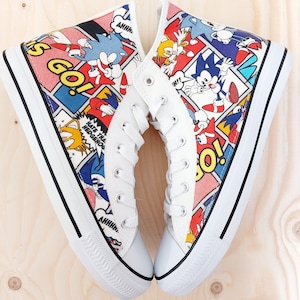 Hand Customised/Custom Sonic The Hedgehog Lets Go theme fabric shoes trainers high tops sneakers