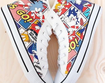 Hand Customised/Custom Sonic The Hedgehog Lets Go theme fabric shoes trainers high tops sneakers