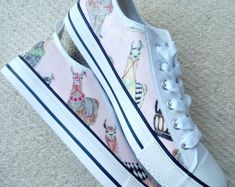 Hand Customised/Custom Llama Faces theme, pink and glitter, trainers shoes low top sneaker