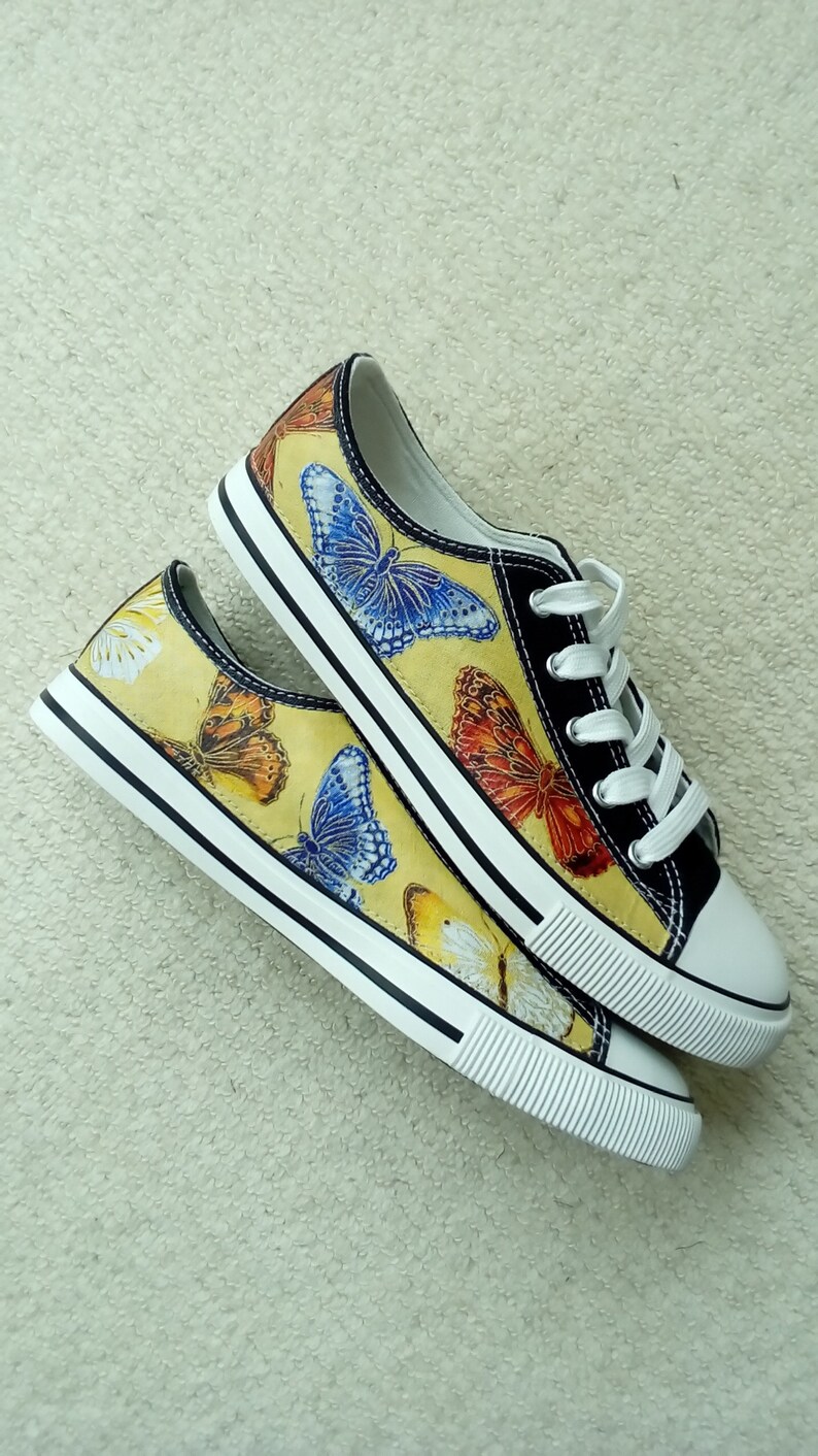 Canvas Shoes Trainers Kids to Adults Hand Customised with Butterfly Gold Edged Fabric