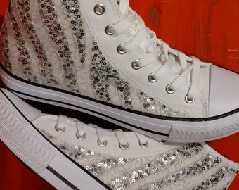 Custom Silver Sequin Net Shoes trainers high top sneakers hand customised