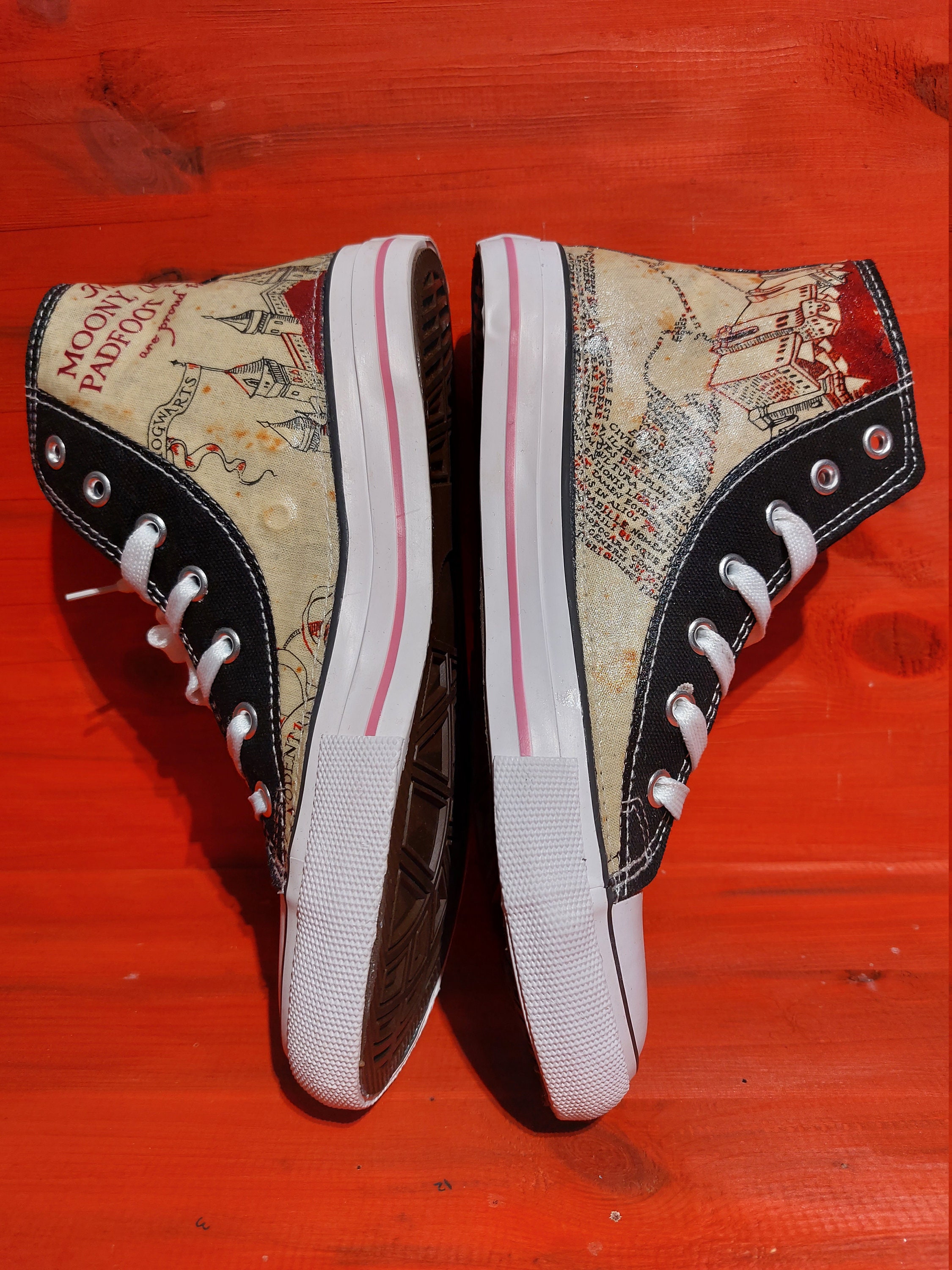 Canvas Shoe Trainers, Kids to Adults, Hand Customised with The Marauders Map Harry Potter Fabric.