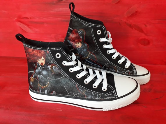 Canvas Shoes Trainers, Kids to Adults, Hand Customised with Marvel Black Widow Fabric. Canvas Shoes Trainers, Kids to Adults, Hand Customised with Marvel Black Widow Fabric.