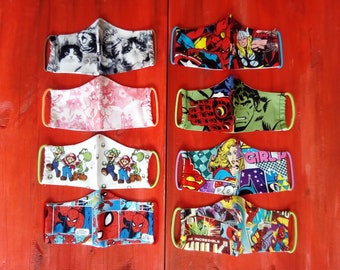 Masks for Age 3-6, hand made with Marvel, Spider Man, Super Mario, Wonder Woman, Fairies, Kittens fabric.