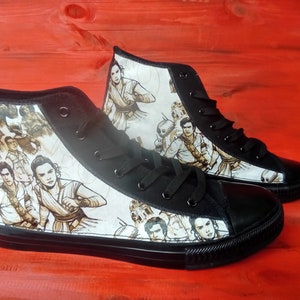 Hand Customised/Custom Star Wars Rebel theme trainers shoes high tops sneakers. Rey, Luke Skywalker, R2D2
