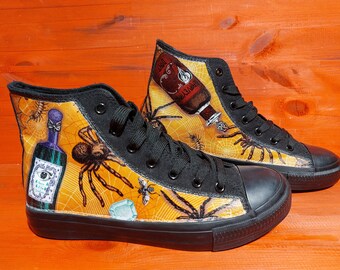 Hand Customised/Custom Medicine Bottles and Spiders Halloween theme shoes trainers high top sneakers