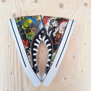 Hand Customised/Custom Horror Movie theme trainers shoes high top sneakers, The Fright, Count Dracula, Weir Wolf, Mummy, Frankenstein theme