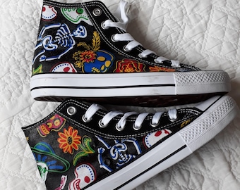 Hand Customised/Custom Skulls Skeletons Mexican Day of Dead Inspired them trainers shoes high top sneaker