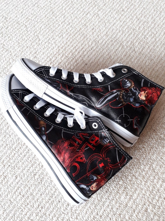 Canvas Shoes Trainers, Kids to Adults, Hand Customised with Marvel Black Widow Fabric. Canvas Shoes Trainers, Kids to Adults, Hand Customised with Marvel Black Widow Fabric.