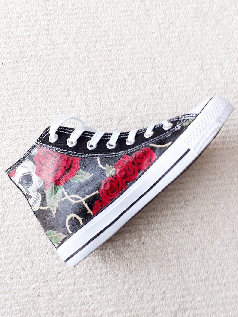 Hand Customised with Rose Skull Tattoo Fabric Red and Black Kids to Adults Halloween, Canvas Shoes Trainers