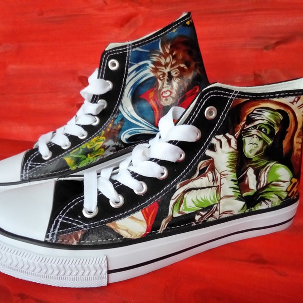 Canvas Shoes Trainers, Kids to Adults, Hand Customized with Horror Movies, The Fright, Count Dracula, Weir Wolf, Mummy, Frankenstein, Fabric.