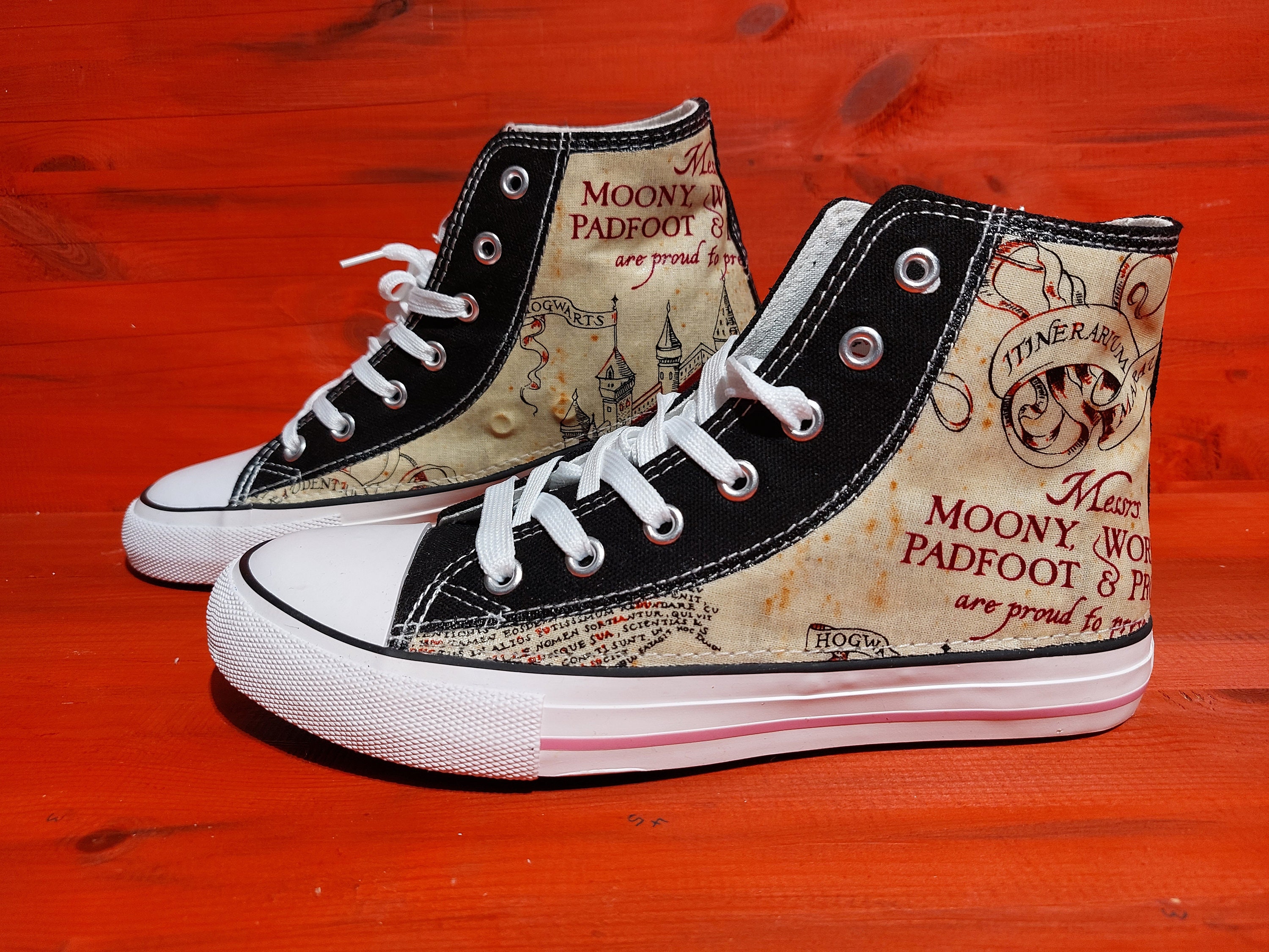 Canvas Shoe Trainers, Kids to Adults, Hand Customised with The Marauders Map Harry Potter Fabric.