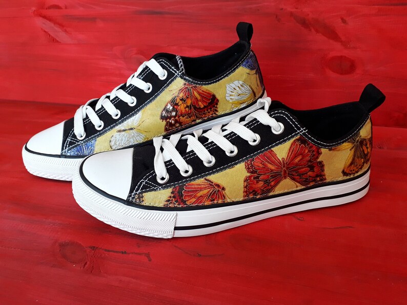 Canvas Shoes Trainers Kids to Adults Hand Customised with Butterfly Gold Edged Fabric