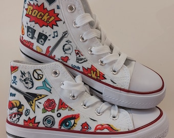 Hand Customised/Custom Rock Star Guitar theme trainers shoes high top sneaker