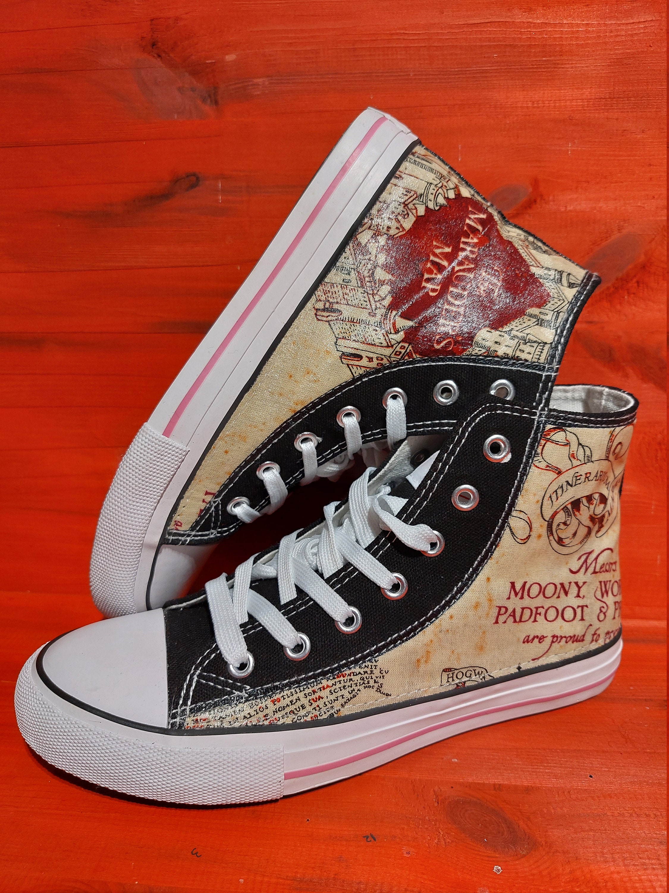 Canvas Shoe Trainers, Kids to Adults, Hand Customised with The Marauders Map Harry Potter Fabric.