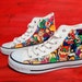 Canvas Shoe Trainers, Kids to Adults, Hand Customised with Super Mario Multi Characters, Multicoloured Fabric