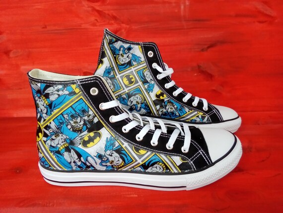 Canvas Shoes Trainers, Kids to Adults, Hand Customised with Bat Man DC Comic Cartoon Squares Fabric, Bright Blue and Yellow. Canvas Shoes Trainers, Kids to Adults, Hand Customised with Bat Man DC Comic Cartoon Squares Fabric, Bright Blue and Yellow.