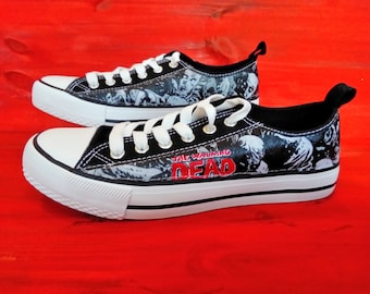 Canvas Shoes Trainers, Kids to Adults, Hand Customised with Walking Dead Zombies Fabric.
