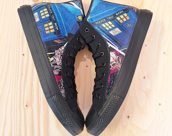 Hand Customised Doctor Who Themed High Top Sneakers, Tardis & Daleks Theme