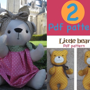 May include: A handmade stuffed bear wearing a pink polka-dot dress, a green scarf, and a polka-dot headband. The image also shows two yellow bears with white polka dots and the text "Little bear Pdf pattern".