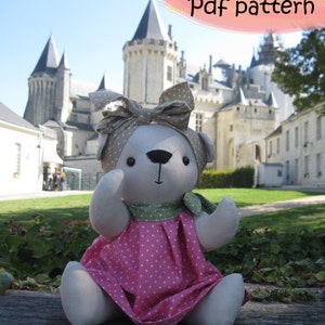 PDF pattern. Jointed bear in pink dress with headscarf, 11.5 inches