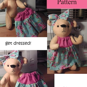 Peut inclure: Un patron PDF pour un ours en peluche portant une robe florale rose et bleue. Le patron comprend des instructions sur la façon de faire la robe et l'ours. Le texte sur l'image dit "Patron PDF", "habillez-vous!" et "et amusez-vous".