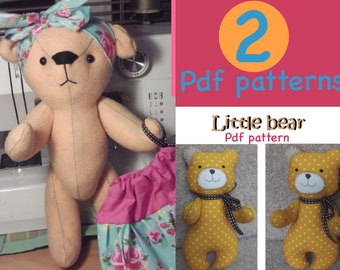 2 PDF patterns. Jointed bear in blue and pink dress with headscarf, 11.5 inches and little bear 6 inches.