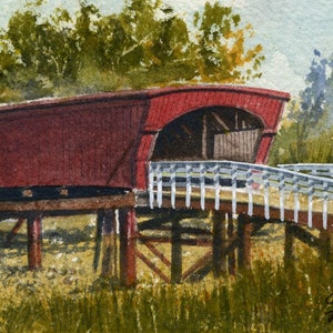 Pont couvert de Roseman, Winterset, comté de Madison, Iowa. Célèbre pont rouge dans un paysage estival. Impressions d'art aquarelle Gerald Hill, cartes de correspondance