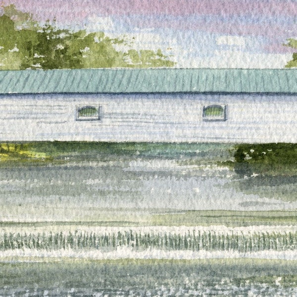 Elizabethton Covered Bridge, Tennessee. White bridge over Doe River. Summer landscape. Gerald Hill watercolor art prints, notecards.