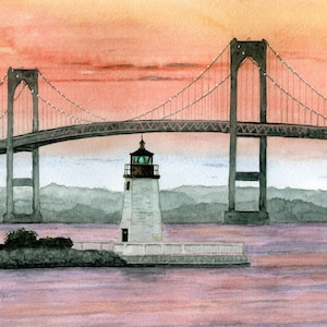 Goat Island Lighthouse & Pell Bridge, Newport Harbor, Rhode Island. Romantic sunset landscape. Rob Thorpe watercolor prints, notecards