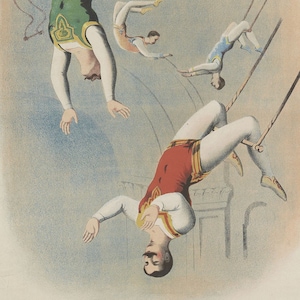 Acrobates de trapèze de cirque qui volent haut. Hommes en collants avec moustaches. Impressions murales et cartes de correspondance vierges 5 x 7 de lithographie victorienne vintage