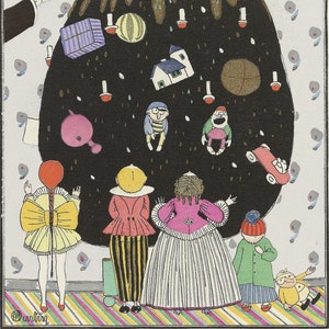 Children & marvelous Christmas tree with toys. 5x7 cards of vintage French fashion plate by Charles Martin, Gazette du Bon Ton, Paris.