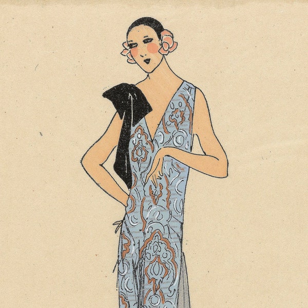 Oh Girl! Brunette in Silver Gown with Big Black Bow. 1920s Paris couture. Très Parisien. Vintage French fashion plate. Prints, notecards.