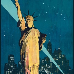 May include: A vintage travel poster advertising a trip to New York City. The poster features the Statue of Liberty illuminated by a spotlight against a dark blue night sky with stars. The text reads "New York, The Wonder City of the World, Travel by Train."