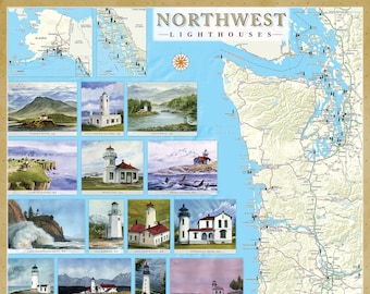 Pacific Northwest Lighthouses Illustrated Map Poster. Oregon, Washington & Alaska. Watercolor art. Laminated no glare. 24x36 inches.